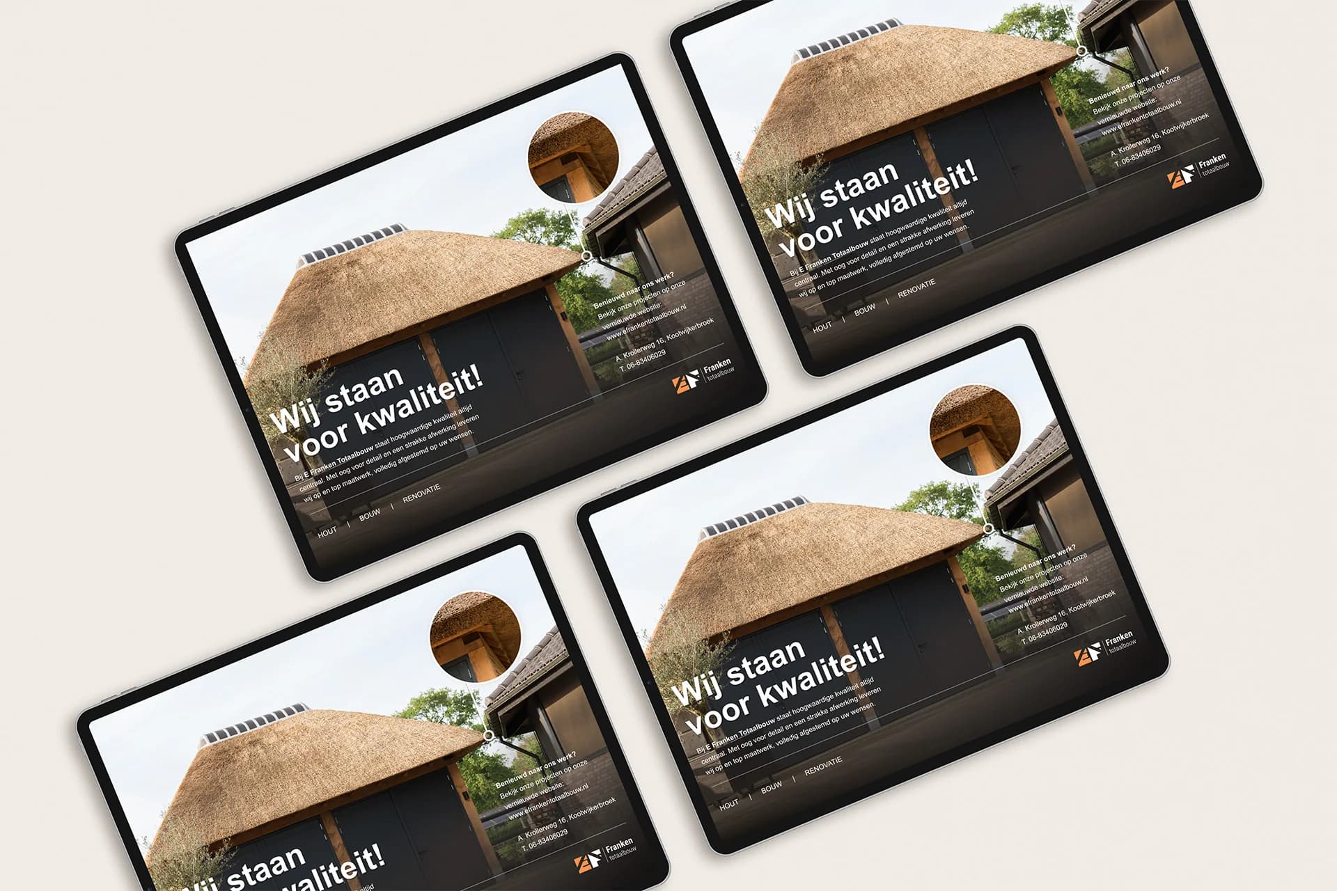 Mockup van een advertentie voor E. Franken Totaalbouw met een rietgedekt gebouw.
