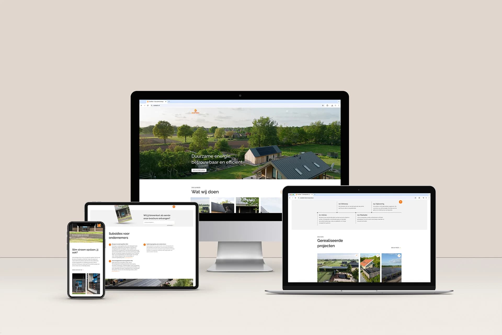 De EcoTech-website weergegeven op desktop, laptop, tablet en telefoon.