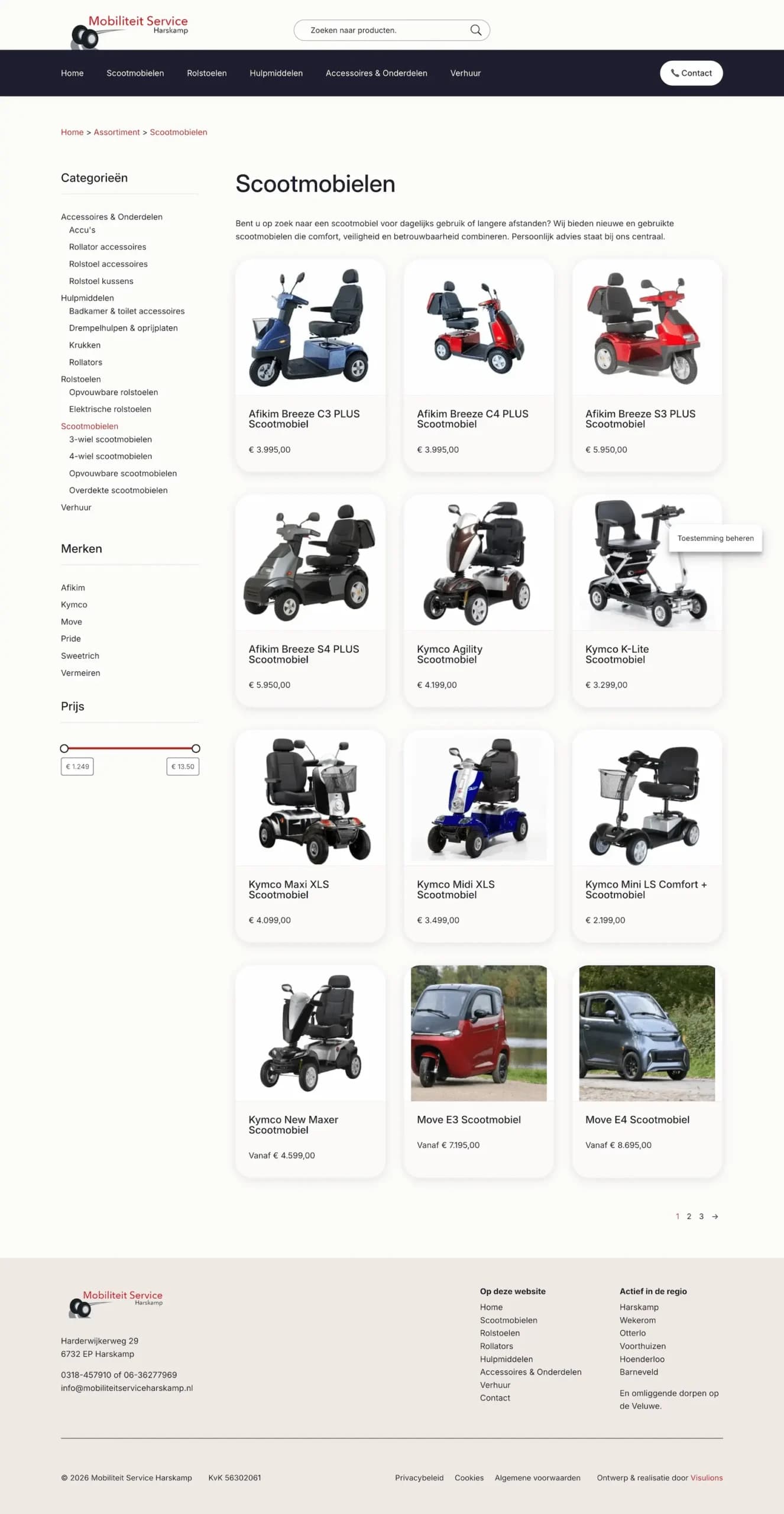 Scootmobielenoverzicht op de website van Mobiliteit Service Harskamp met filters en productkaarten.