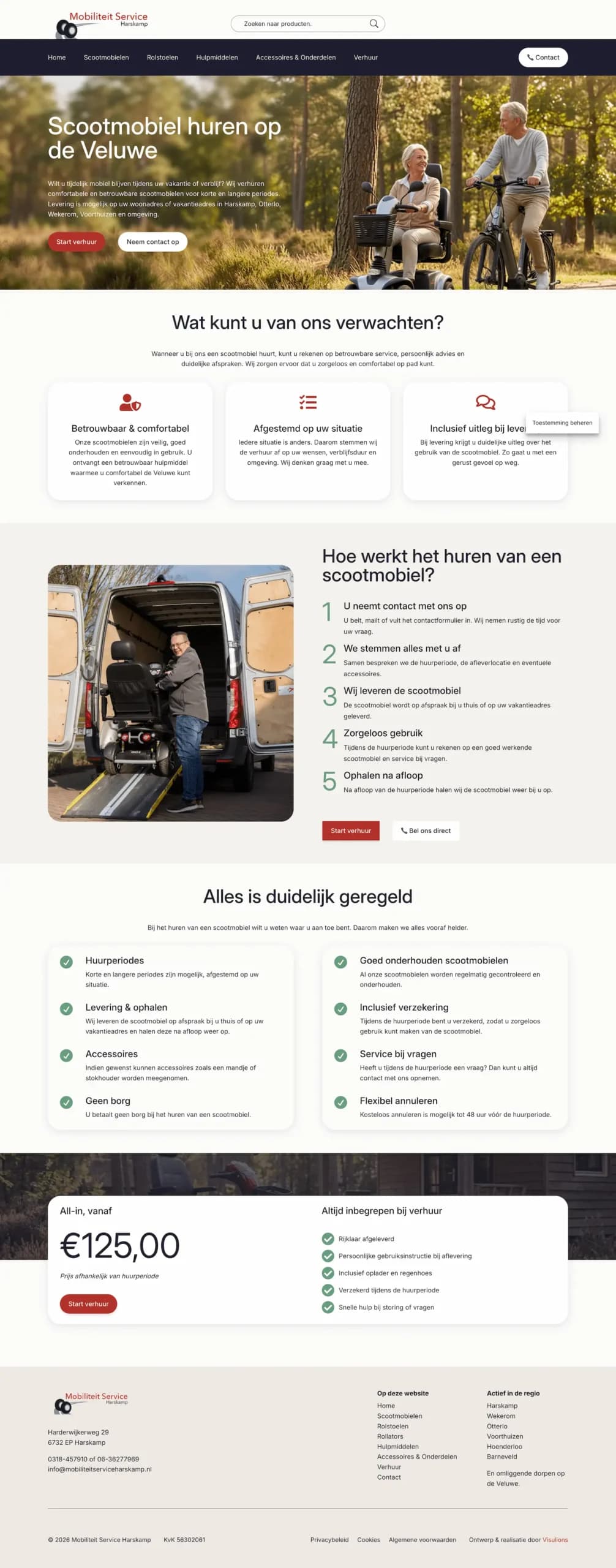 Verhuurpagina van Mobiliteit Service Harskamp met uitleg, tarieven en een contactformulier.