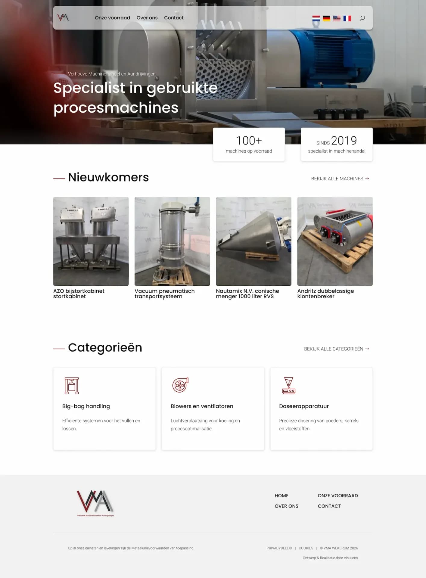 Volledige VMA Wekerom-homepage met nieuwkomers, categorieën en contactgegevens.