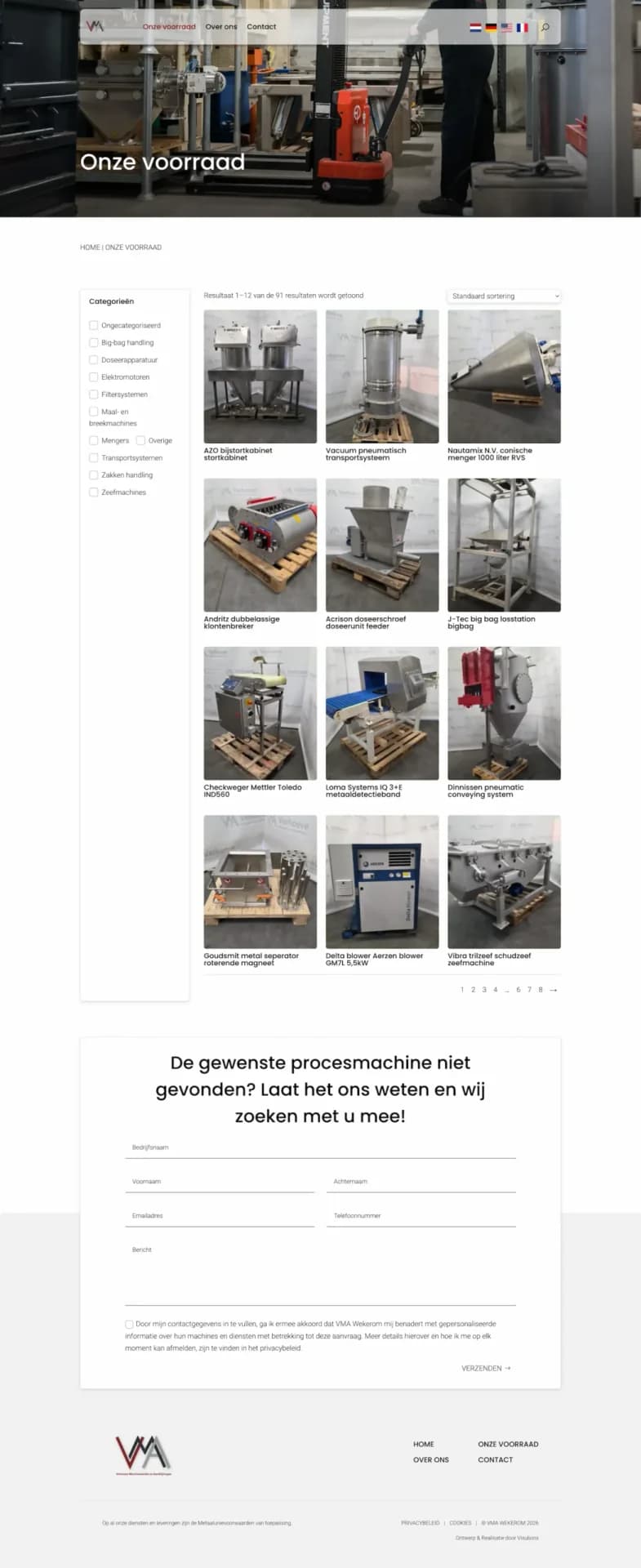 Machineoverzicht van VMA Wekerom met filters en een raster van aangeboden machines.
